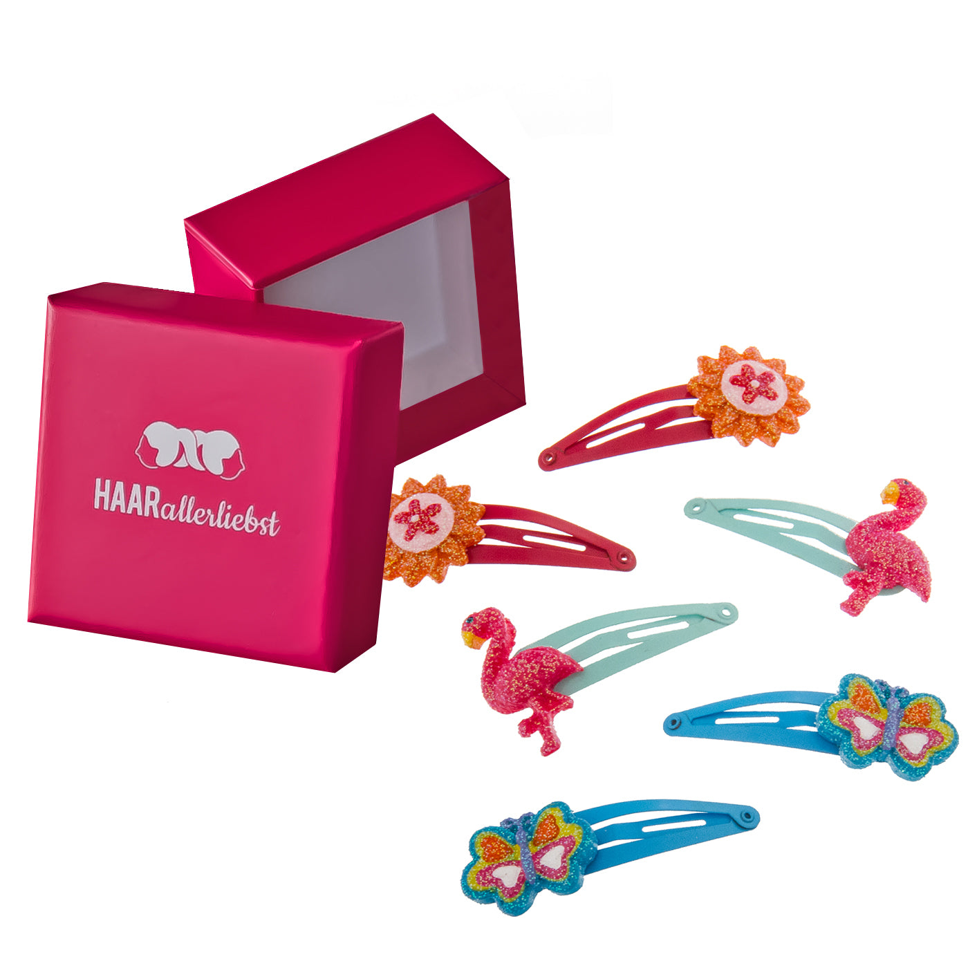 Haarspange Blume Flamingo Schmetterling (glitzernd | 6 Stück) pinke Box - HAARallerliebst