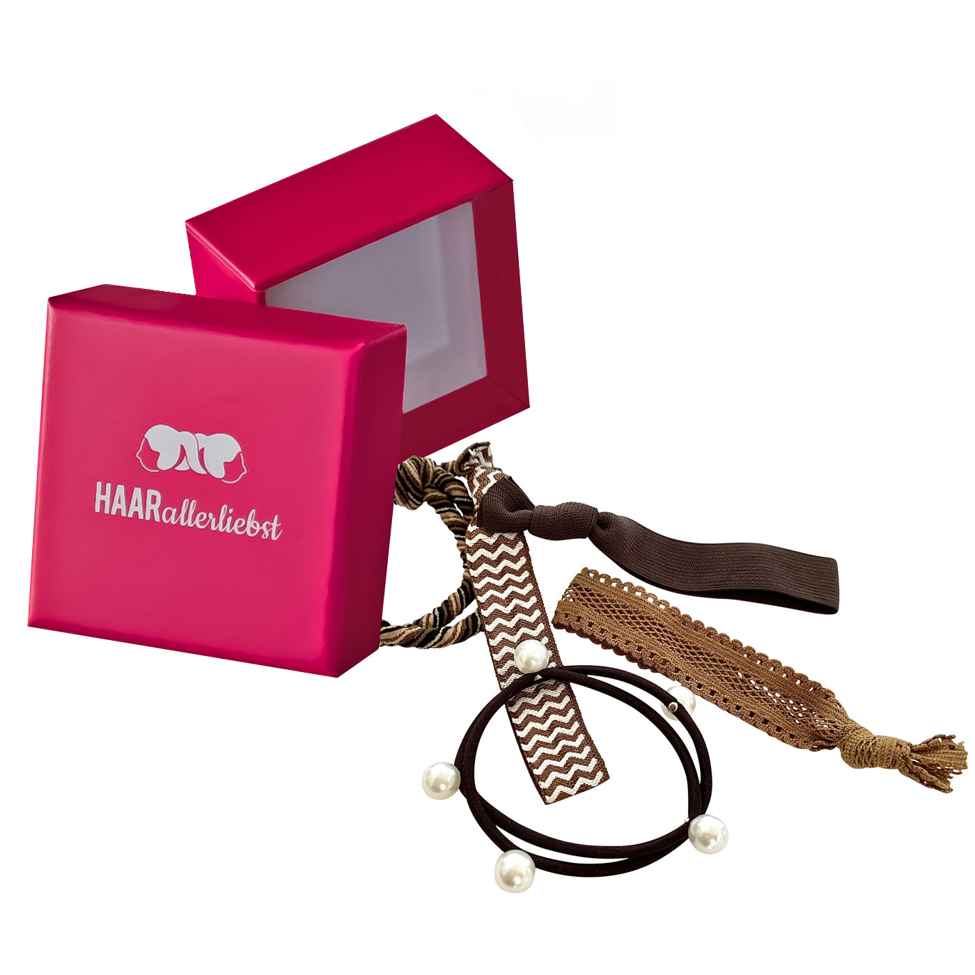 Armbänder Haargummi (braun | 5 Stück) pinke Box - HAARallerliebst