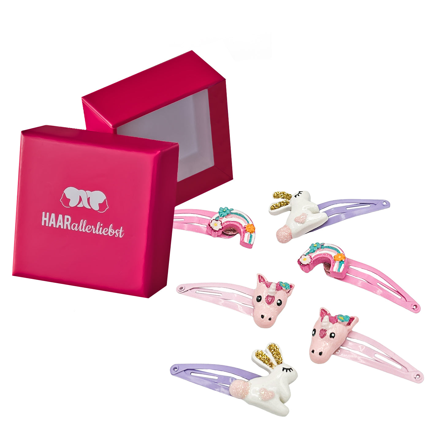 Haarspangen Set Hase, Einhorn und Regenbogen (rosa pink lila | 6 Stück) - HAARallerliebst