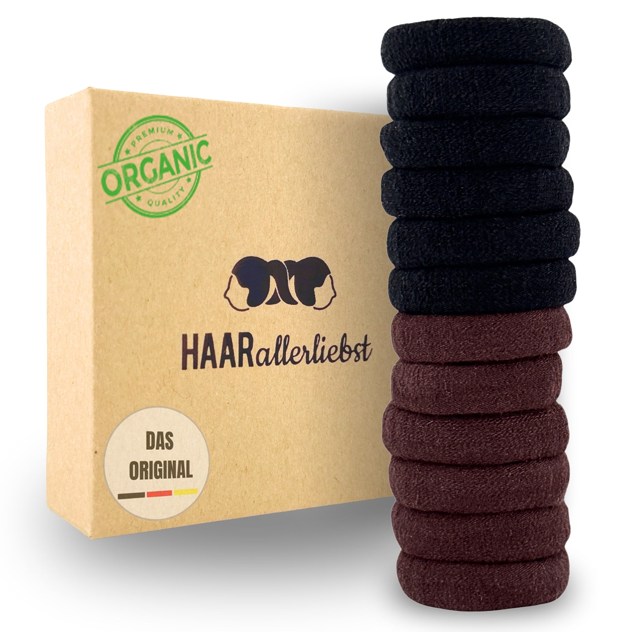 Haarallerliebst Haargummi Damen 12er Set – Haargummis soft ohne Metall aus Bio-Baumwolle & Naturkautschuk – Zopfgummi dunkelbraun für starken Halt – Schonend zu Haar & Umwelt - HAARallerliebst