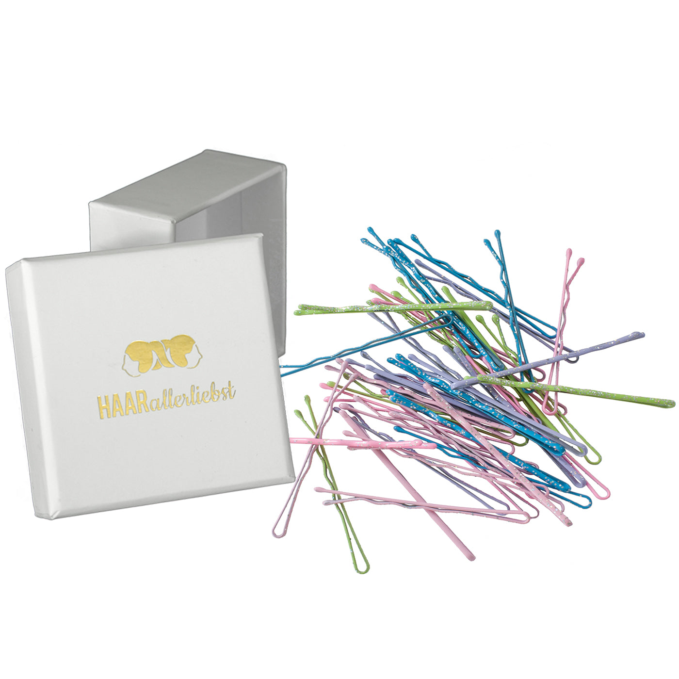 Bobby Pins (40 Stück | bunt mit Glitzer) weisse Schachtel - HAARallerliebst