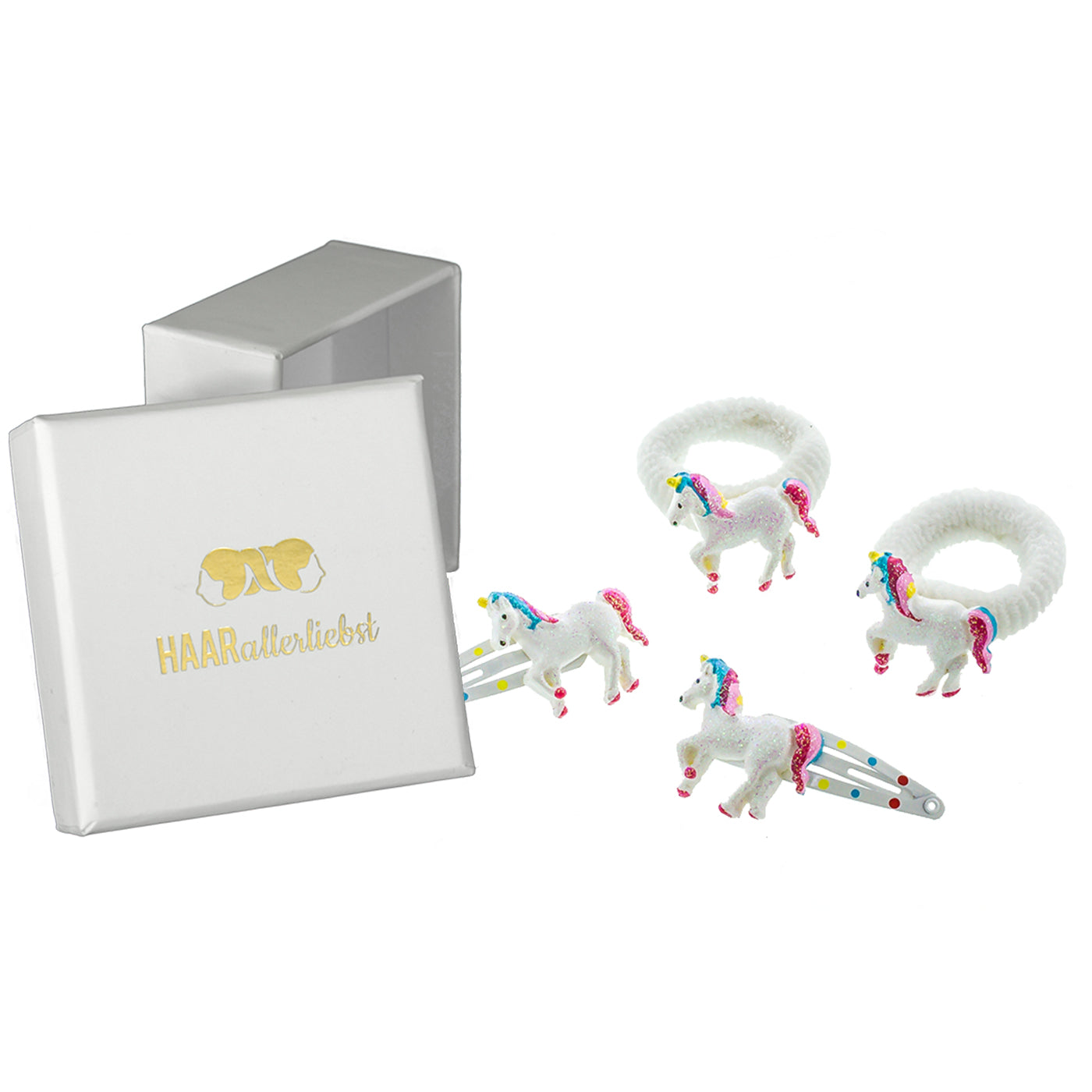 Haarschmuck Set Einhörner (4 teilig | weiss mit Glitzer) - HAARallerliebst