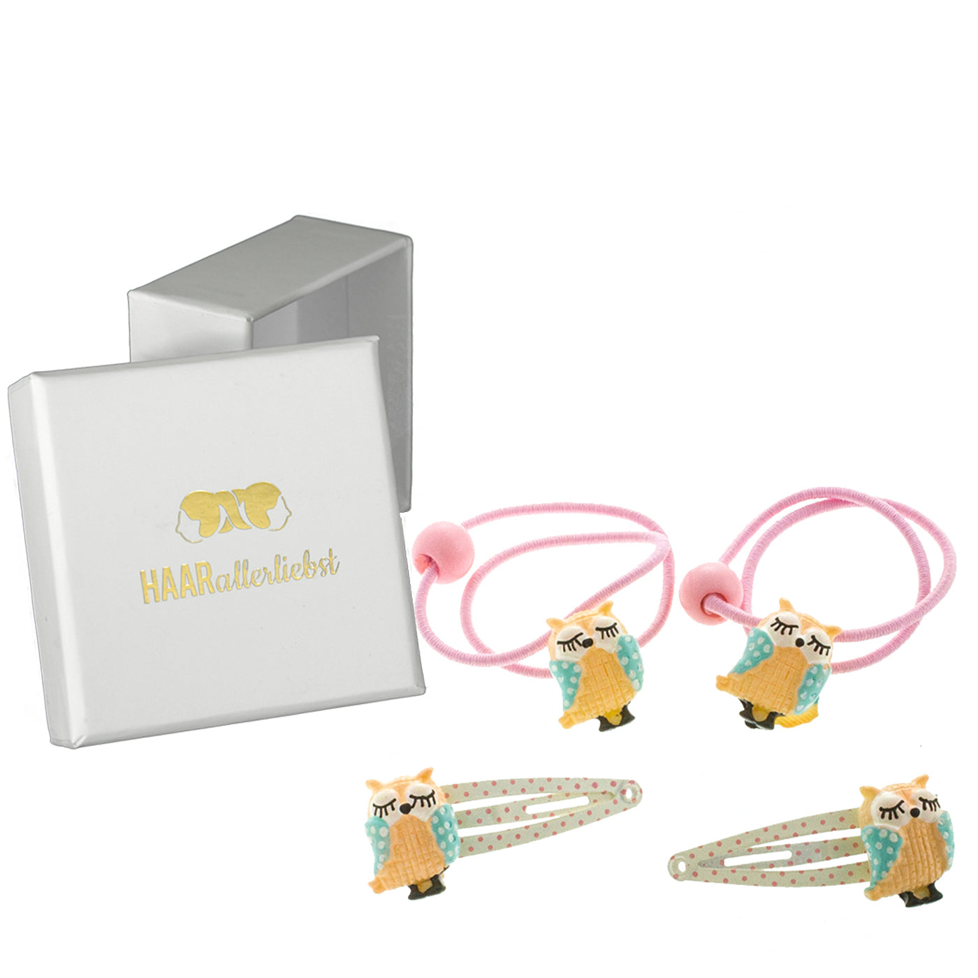Haargummi und Haarspange Eule (gepunktet | 4 Stück) in weisser Box - HAARallerliebst