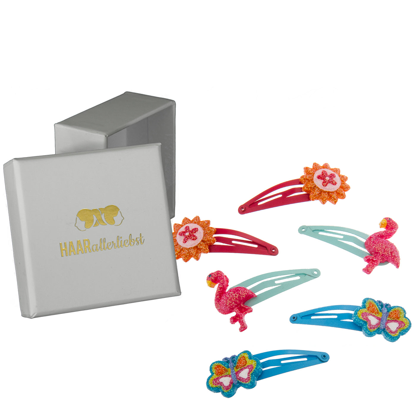 Haarspangen Set Flamingo Schmetterling Blume (glitzernd | 6 Stück) - HAARallerliebst