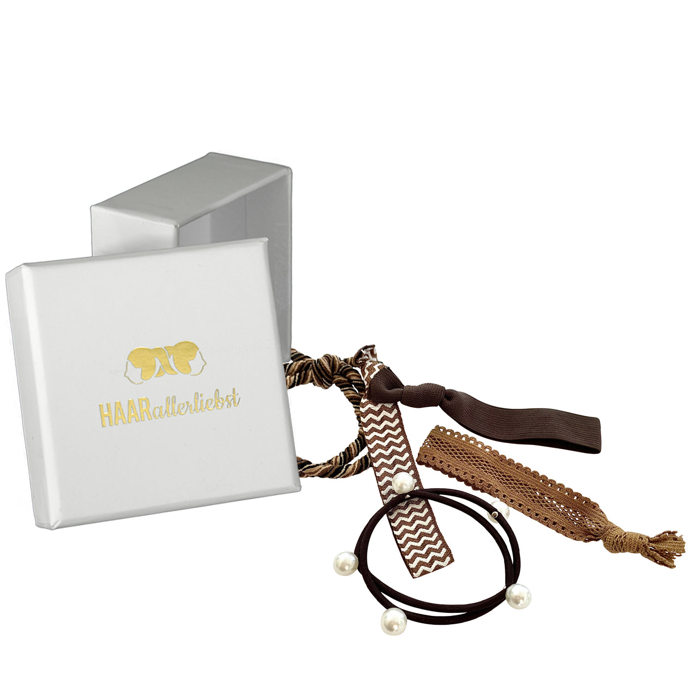 Armbänder Haargummi (braun | 5 Stück) weisse Box - HAARallerliebst