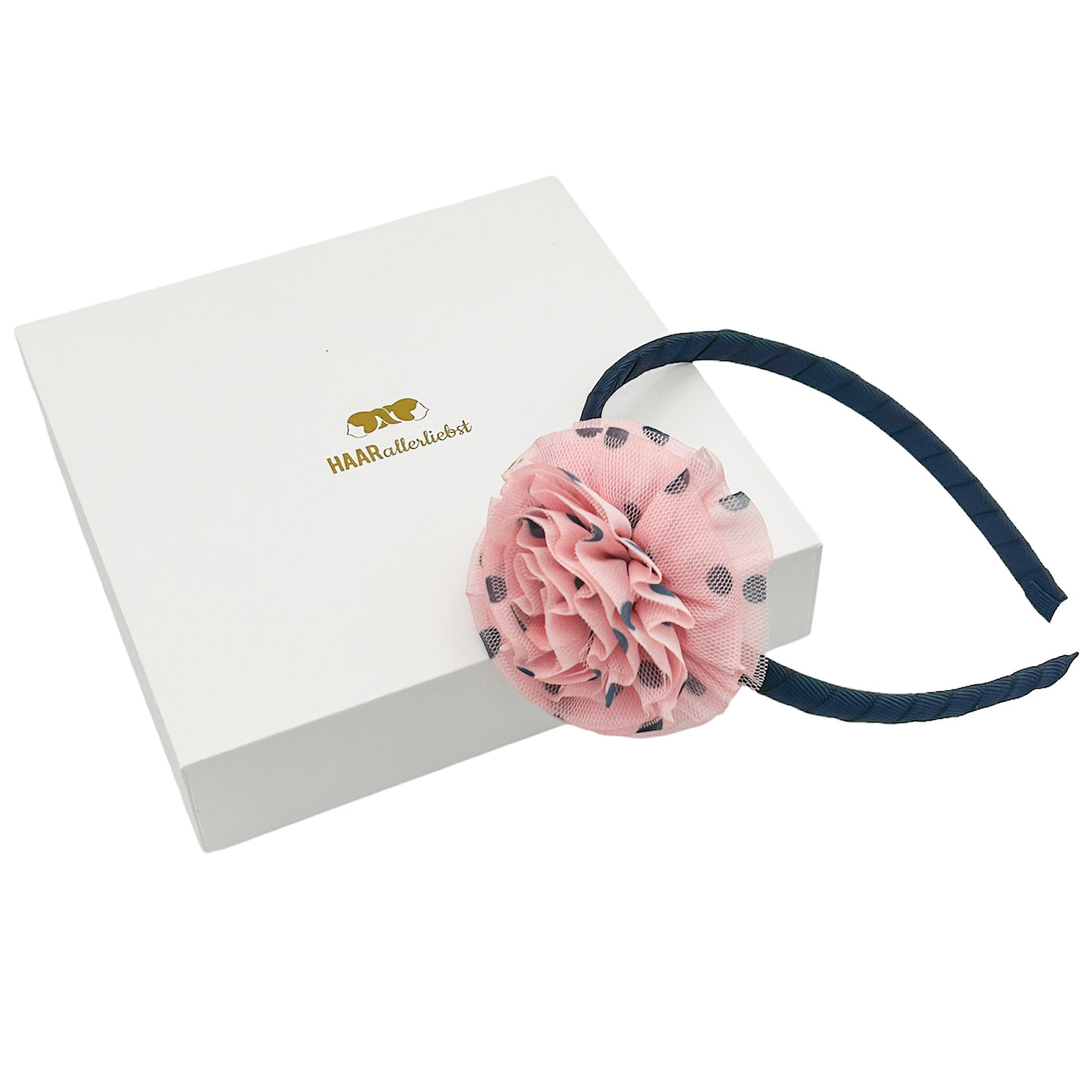 Haarreif (große Tüll Blume mit Punkten | blau) mit weisser Schachtel - HAARallerliebst