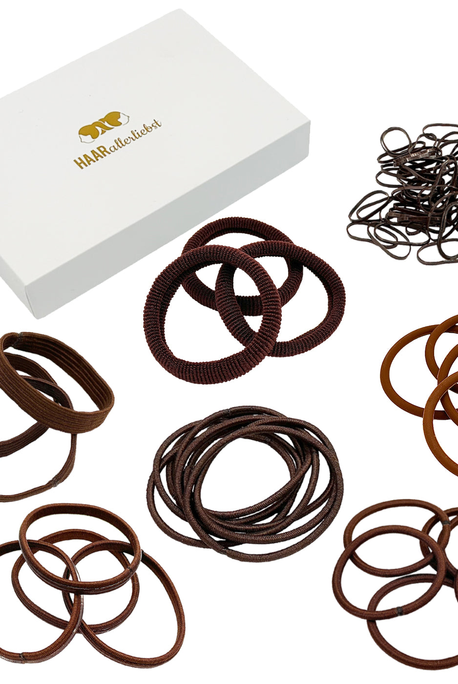 Test Haargummi Set braun ( 78 Stück | 7 Sorten) weisse Box - HAARallerliebst