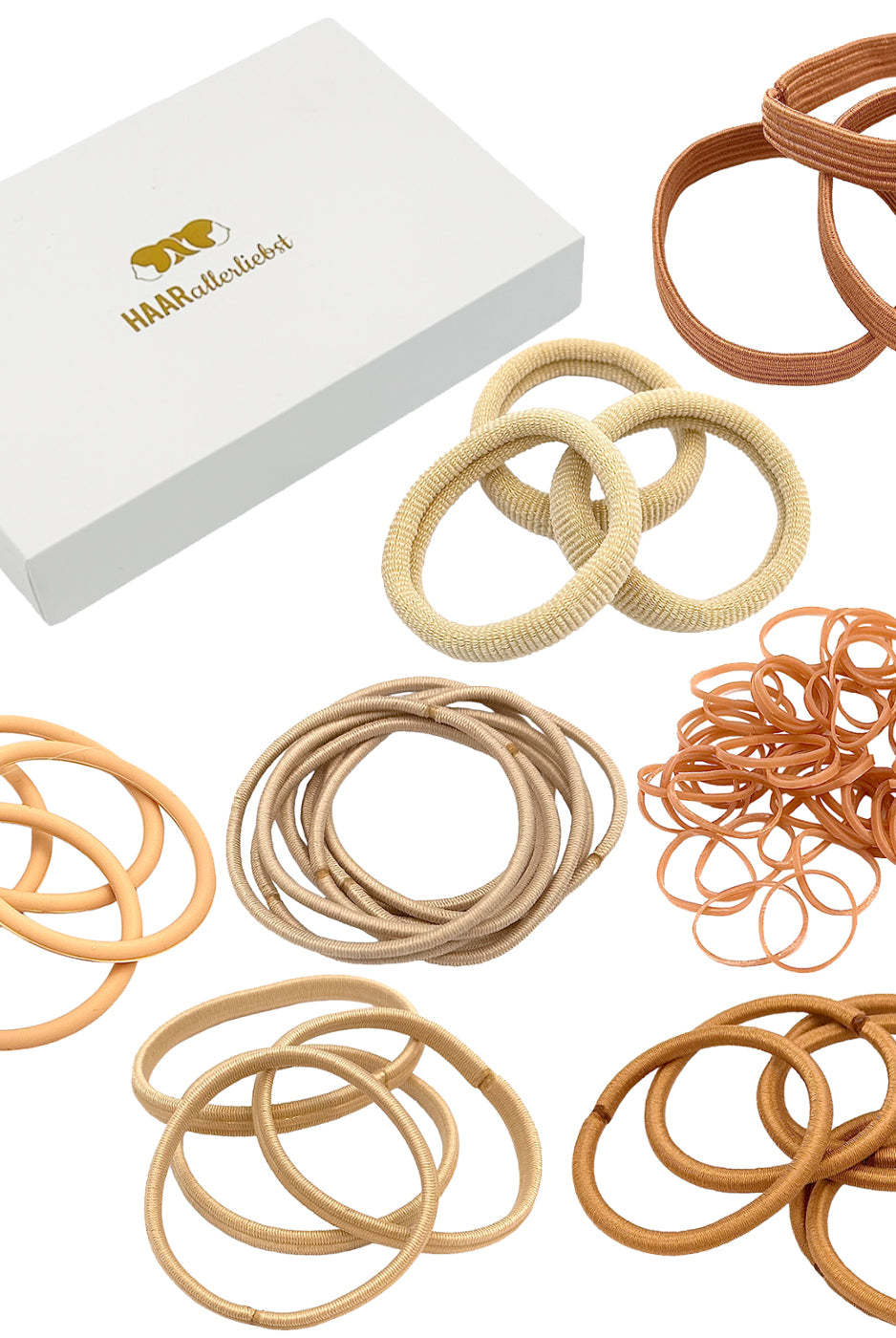 Test Haargummi Set (beige | 78 Stück | 7 Sorten) weisse Box - HAARallerliebst