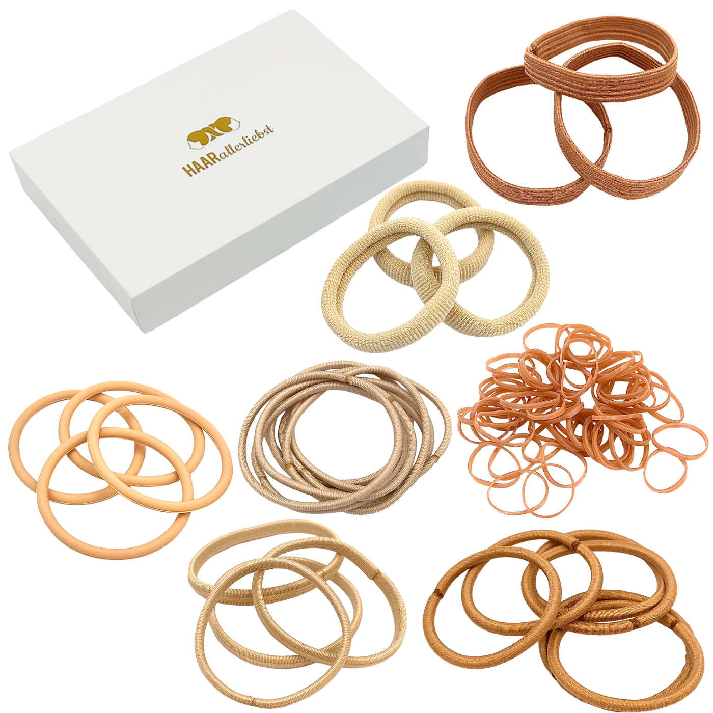 Test Haargummi Set (beige | 78 Stück | 7 Sorten) weisse Box - HAARallerliebst