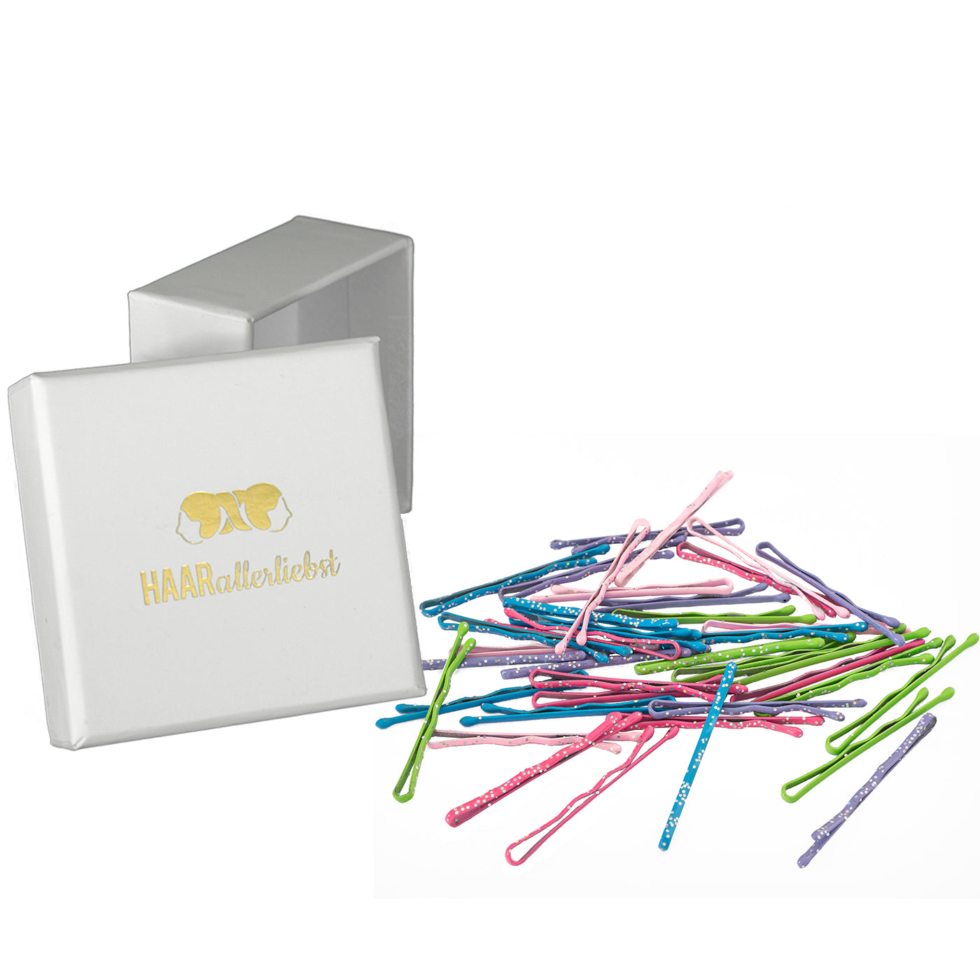 Bobby Pins (40 Stück | bunt mit Glitzer) weisse Schachtel - HAARallerliebst