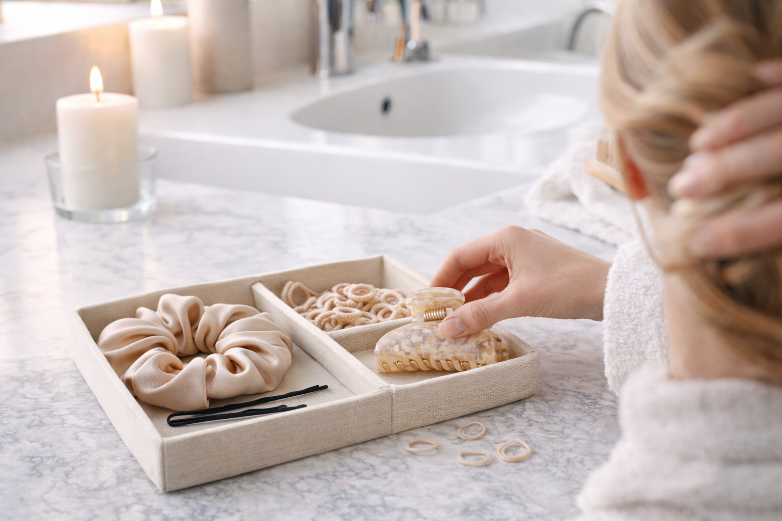 Blonde Frau sucht sich ein Haaraccessoire aus