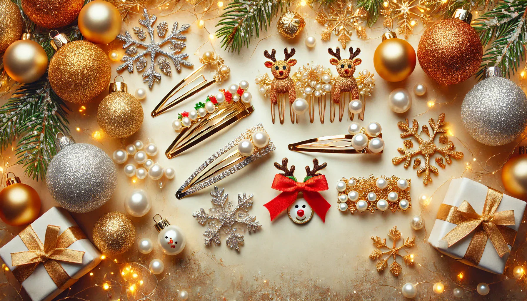 Weihnachtsdekoration und Haarspangen auf weissem Hintergrund