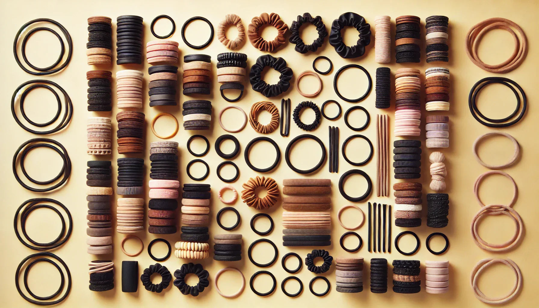 Verschiedene Haargummis in neutralen Farben gleichmäßig auf hellem Hintergrund verteilt.