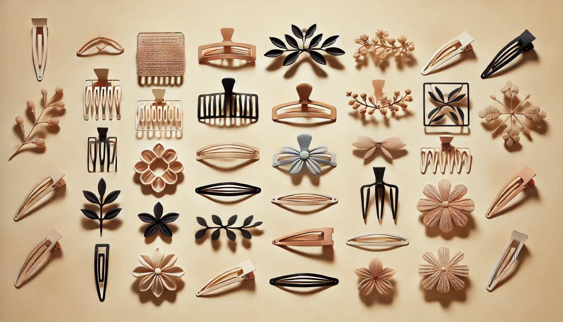 Moderne Haarspangen in geometrischen und floralen Designs auf hellem Hintergrund.