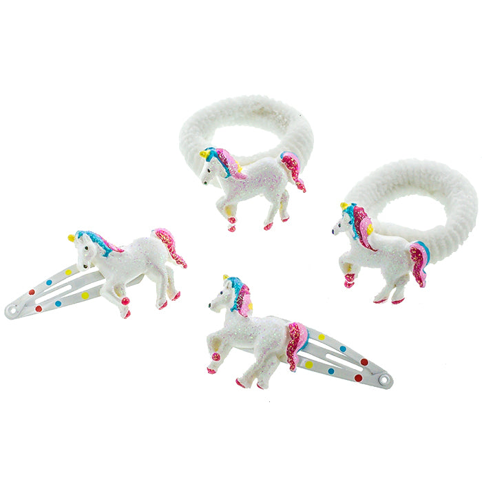 Einhorn Haarspange und Haargummi Set (4 teilig | weiss mit Glitzer) - HAARallerliebst