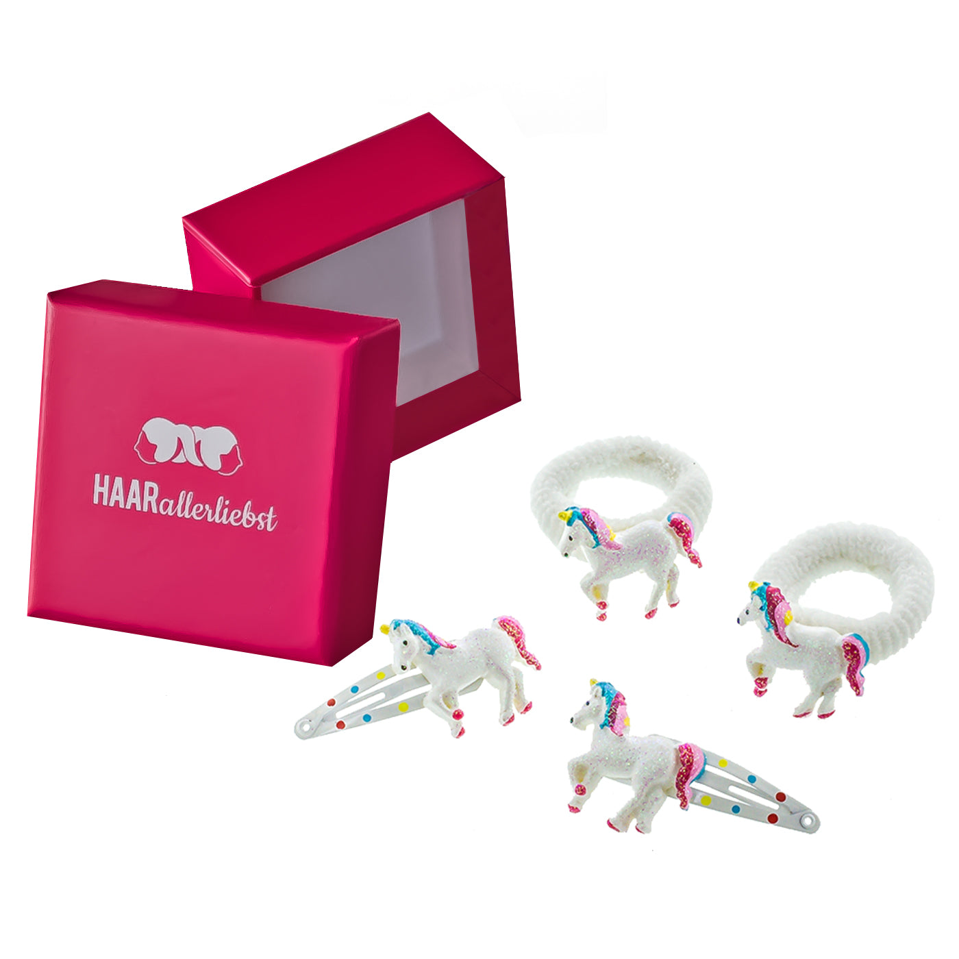 Einhorn Haarspange und Haargummi Set (4 teilig | weiss mit Glitzer) in pinker Box - HAARallerliebst