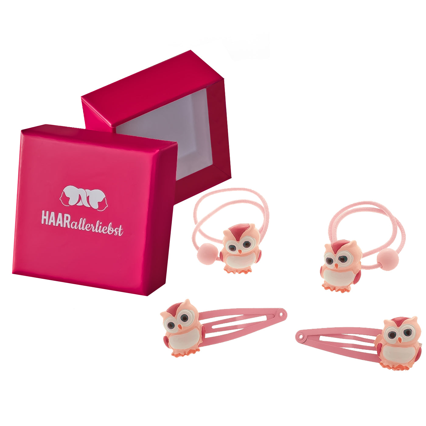 Haargummi und Haarspange Eule Set (rosa | 4 Stück) pinke Box - HAARallerliebst