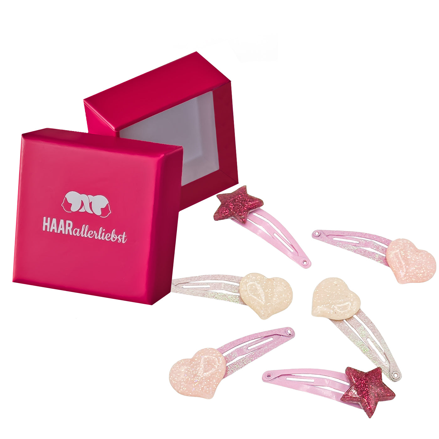 Haarspangen Stern und Herz im Set (glitzernd | 6 Stück) pinke Box - HAARallerliebst