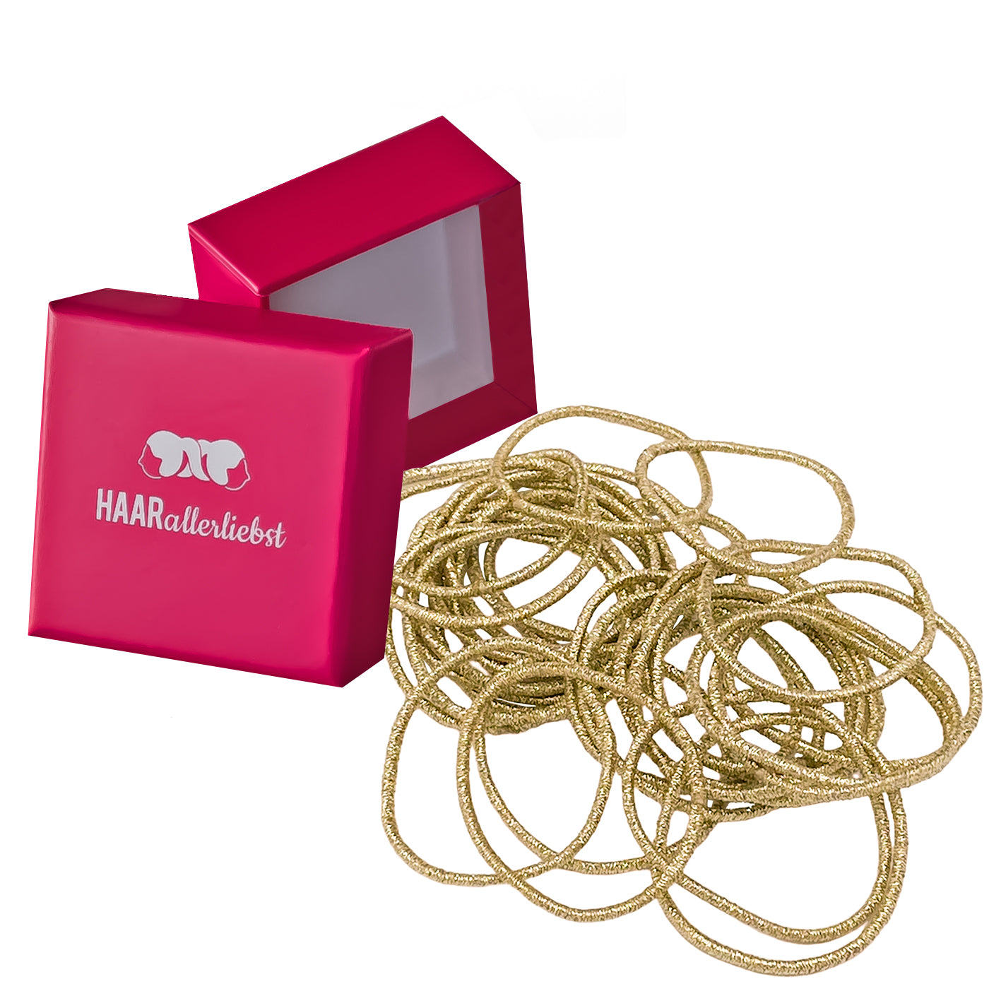 Haargummis gold (30 Stück | 1,5mm dünn) pinke Schachtel - HAARallerliebst