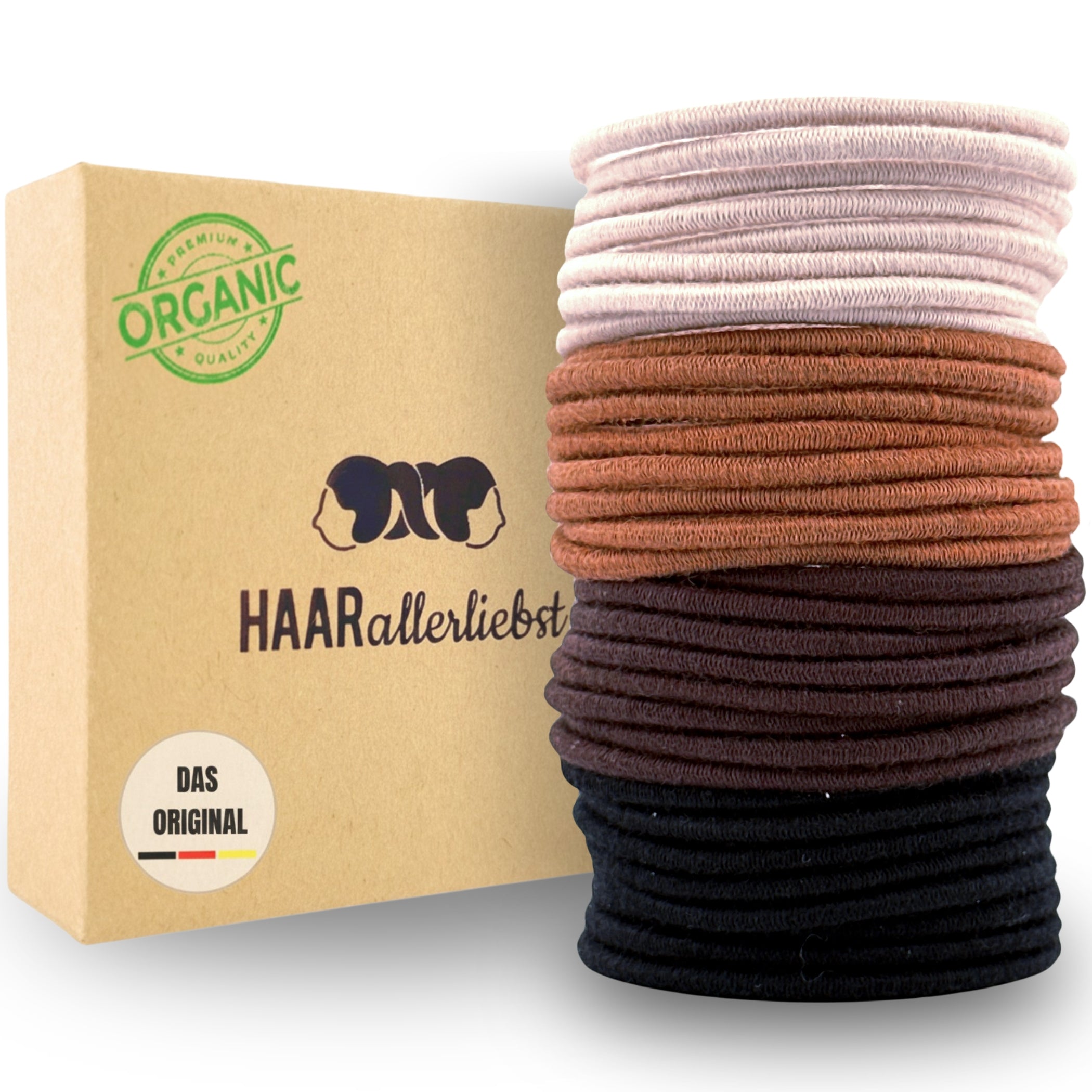 Haarallerliebst Haargummi Damen 30er Set – Haargummis soft ohne Metall aus Bio-Baumwolle & Naturkautschuk – Zopfgummi schwarz hellbraun dunkelbraun beige für starken Halt – Schonend zu Haar & Umwelt - HAARallerliebst