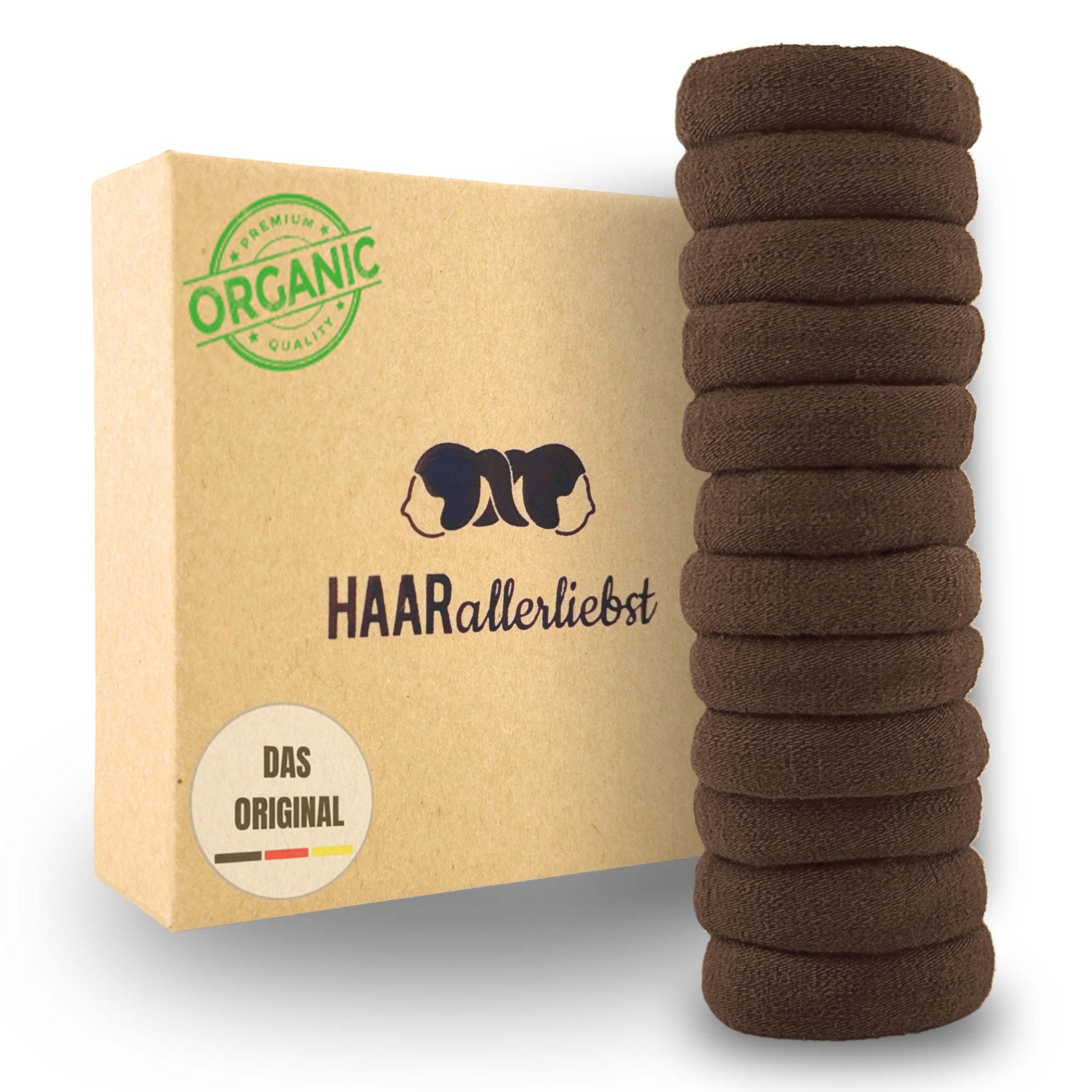 Haarallerliebst Haargummi Damen 12er Set – Haargummis soft ohne Metall aus Bio-Baumwolle & Naturkautschuk – Zopfgummi dunkelbraun für starken Halt – Schonend zu Haar & Umwelt - HAARallerliebst