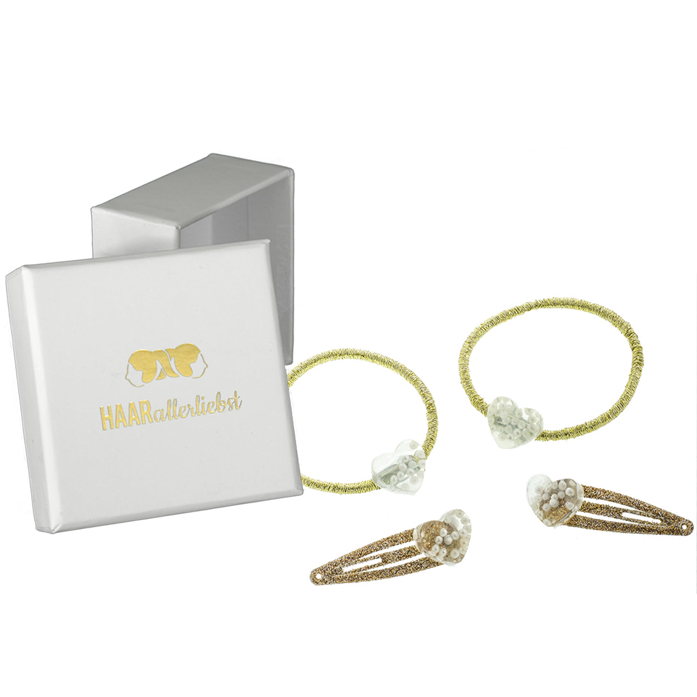 Haarschmuck Set Herzen mit Perlen (gold Glitzer | 4 Stück) - HAARallerliebst