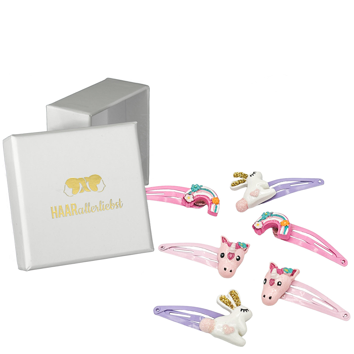 Haarspangen Set Hase, Einhorn und Regenbogen (rosa pink lila | 6 Stück) - HAARallerliebst