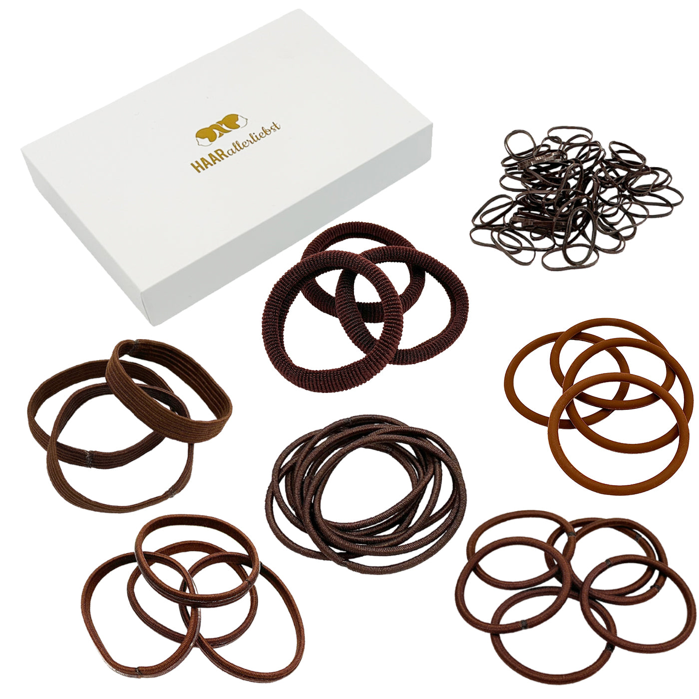 Test Haargummi Set braun ( 78 Stück | 7 Sorten) weisse Box - HAARallerliebst