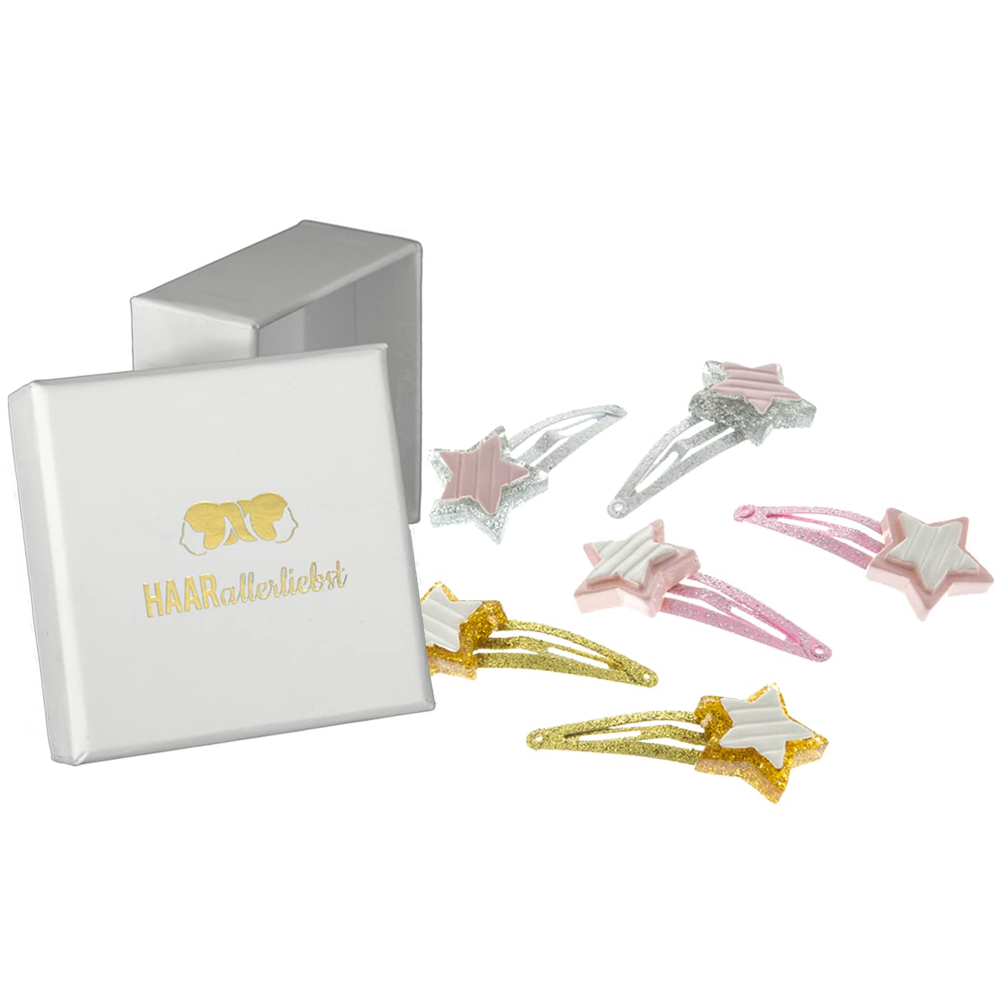 Haarspangen Sterne (Glitzer | 6 Stück) weisse Box - HAARallerliebst